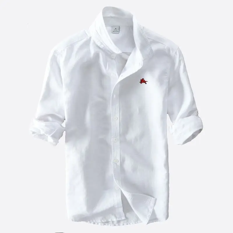 Рубашка мужская с вышивкой и длинным рукавом повседневная сорочка из льна хлопка