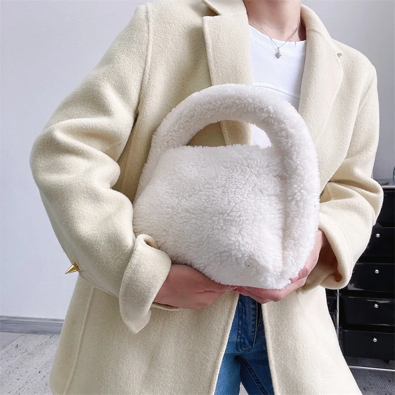 Winter Artificial Lamb Wool Handbag Bright Colour Women's Faux Fur Small Tote Bag Female Solid Color Short Handle Plush Bag