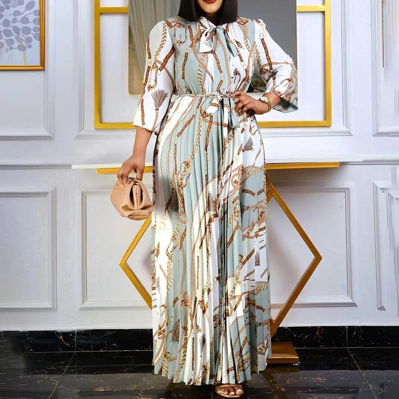 

African Dresses for Women Dashiki Fashion Long Sleeve Bow Tie Neck Print Daily Evening Party Dresses African Clothes Spring 2022