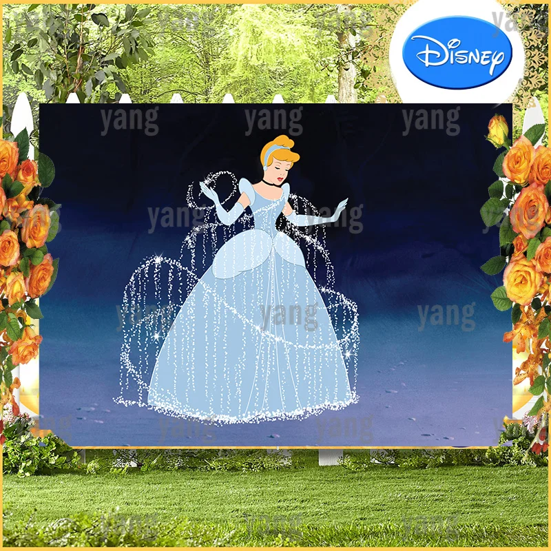 Disney White Glitter Sequins Magic Cinderella Backdrop Photography Cartoon Princess Custom Blue Background Girls Birthday Party