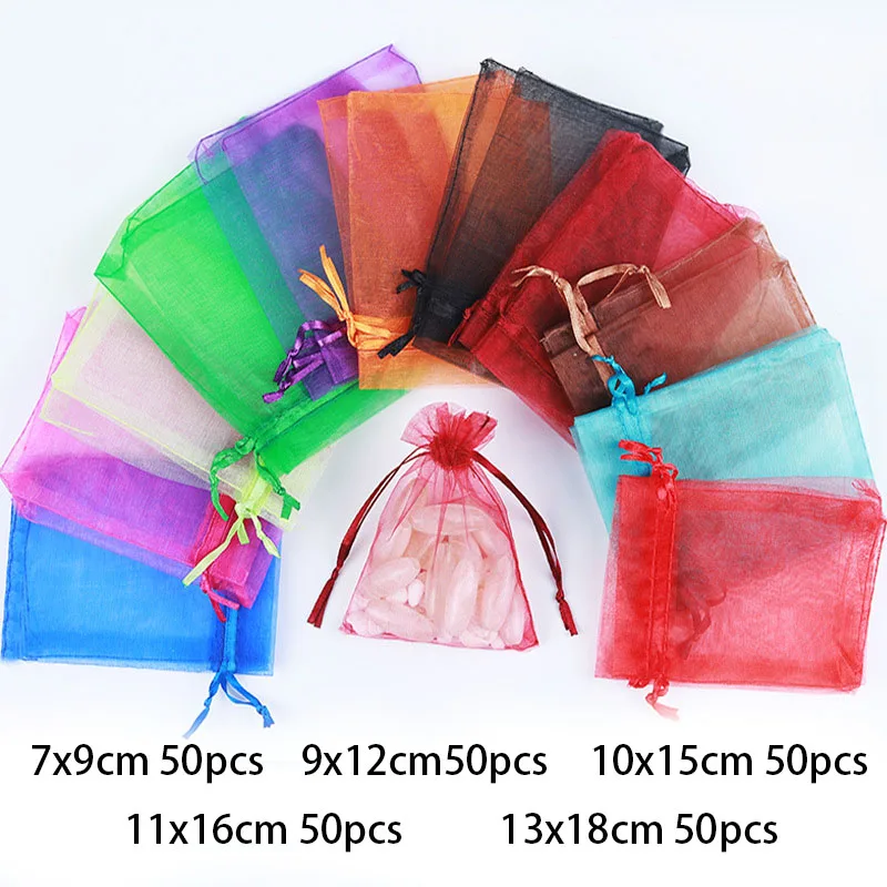 

50pcs Adjustable Drawstring Organza Bag 7x9cm 9x12cm 10x15cm 11x16cm 13x18cm Festival Packaging Candy Wedding Party Gifts Bag