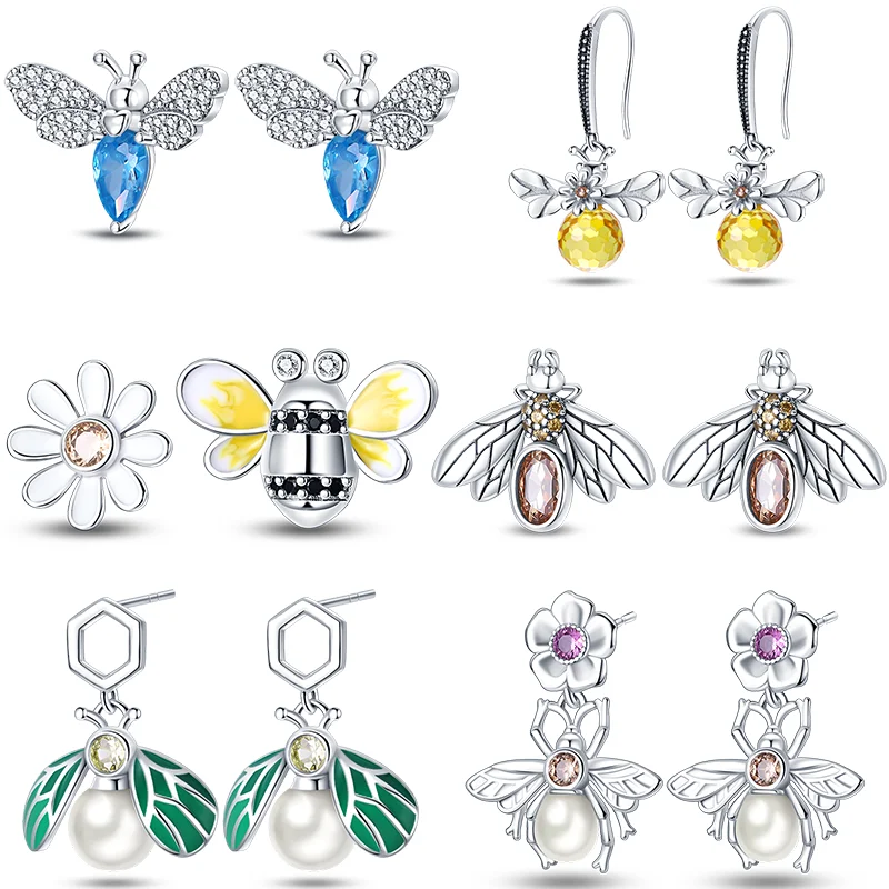 

Hot Sale 100% 925 Sterling Silver Original Charm Bee Series Earrings For Women Pave CZ Fine Anniversary Engagement Jewelry Gift