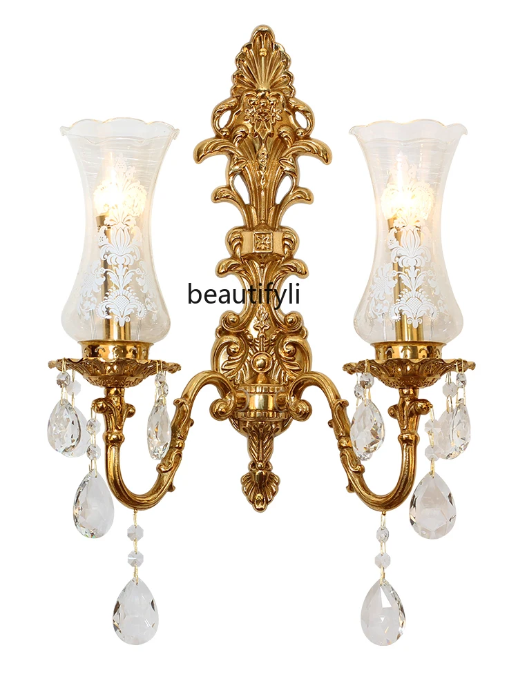 

zqEuropean-Style Copper Crystal Wall Lamp Living Room Background Wall French Luxury Bedroom Bedside Aisle
