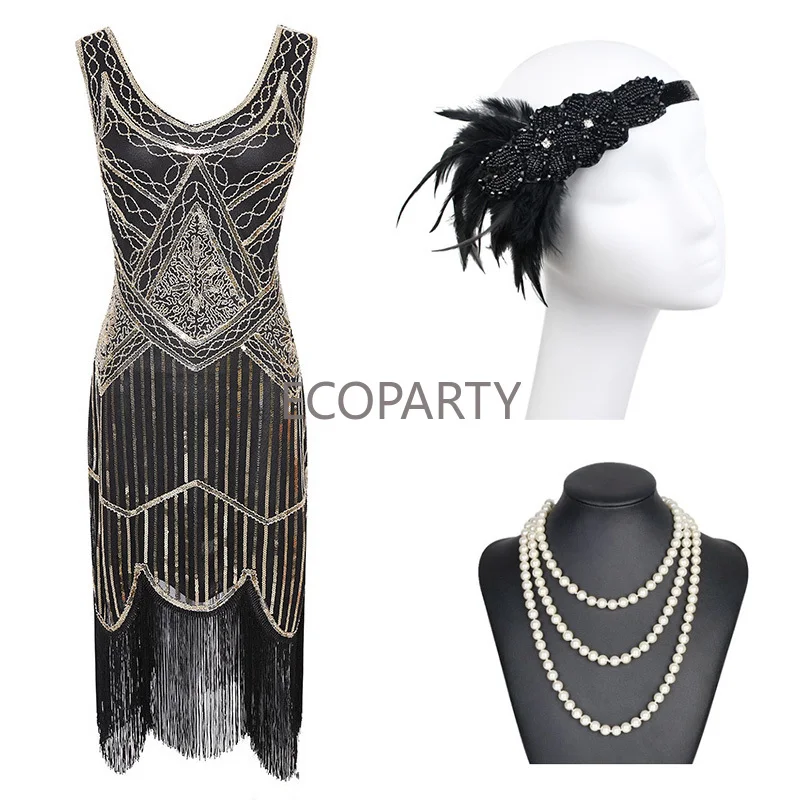 

Design 1920s Vintage Gatsby Sequin Fringed Paisley Flapper Dress with 20s Accessories Set Ecoparty Clothing Women Dress Suits