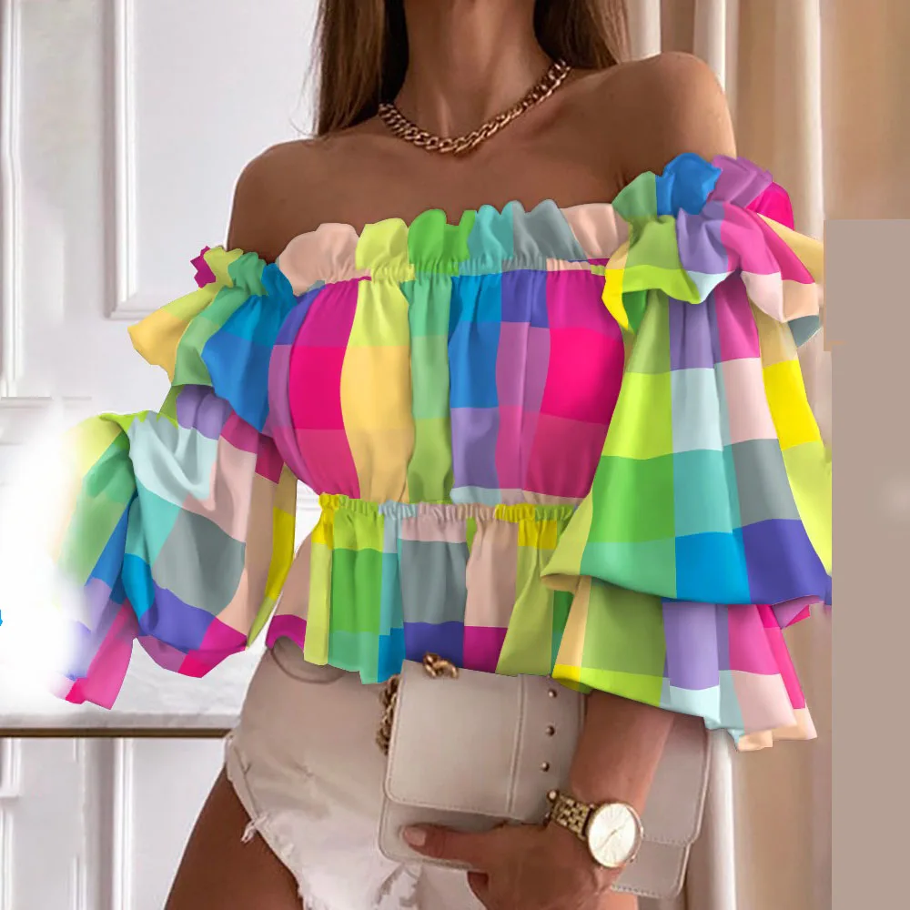 

Женская многослойная плиссированная рубашка, разноцветная футболка с открытыми плечами и одним открытым плечом, лето 2023