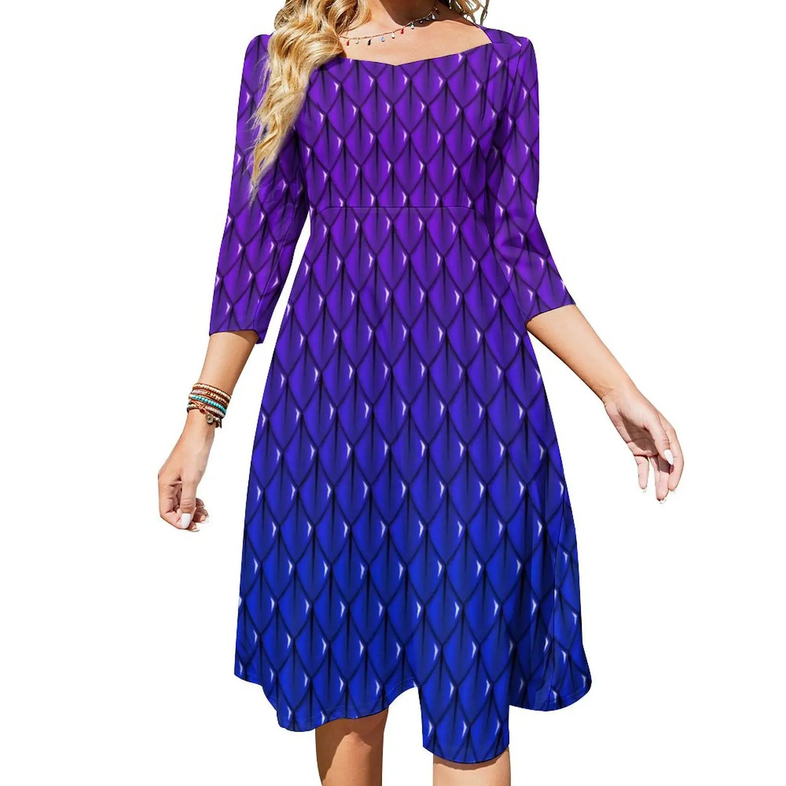 

Dusky Purple Dragon Casual Dress Animal Scale Print Beach Dresses Summer Sexy Square Collar Aesthetic Print Dress Big Size