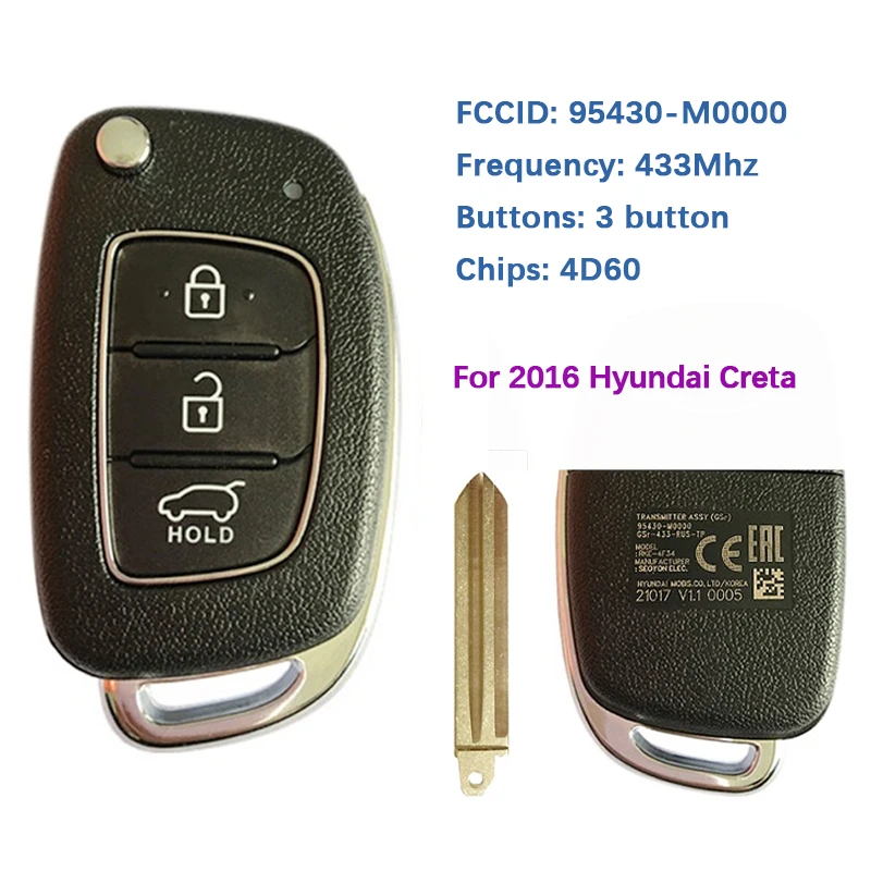 

Оригинальный 3-кнопочный пульт дистанционного управления CN020116 для модели 2016-2019 Hyundai Creta с частотной чипом 433MZ 4D60 FCCID 95430-M0000