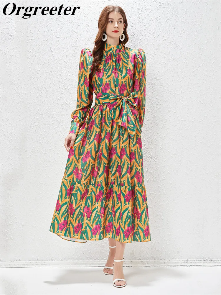 

Женское винтажное платье миди с цветочным принтом, свободное платье с воротником-стойкой, пышными рукавами и высокой талией, женская одежда...