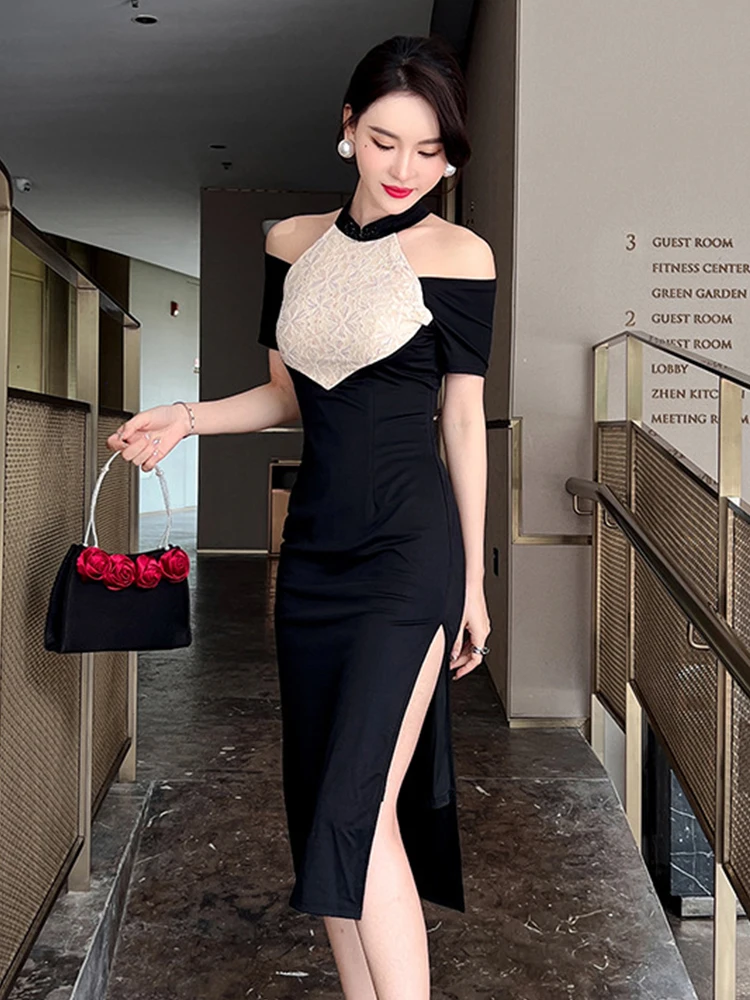 Элегантное женское платье с открытыми плечами Кружевное облегающее средней