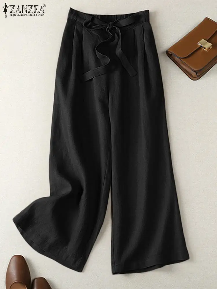 Zanzea Женские Широкие Брюки Повседневные С Высокой Талией Хлопковые Однотонные