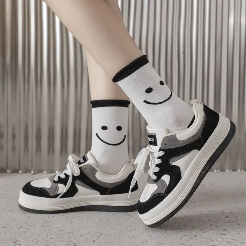 5 Pair Funy Pure Cotton  Women Cute Printing Smiley Face Long Ladies Socks Set Fashion Splicing Japanese Style Brand Woman Socks