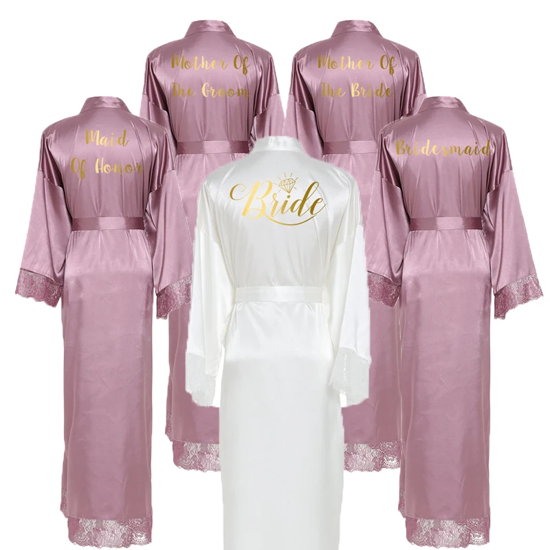 Silk Satin Lace Robes White Bridesmaid Bride Wedding Long Robe Bathrobe Plus Size Maid of Honor Gown Pajamas Green