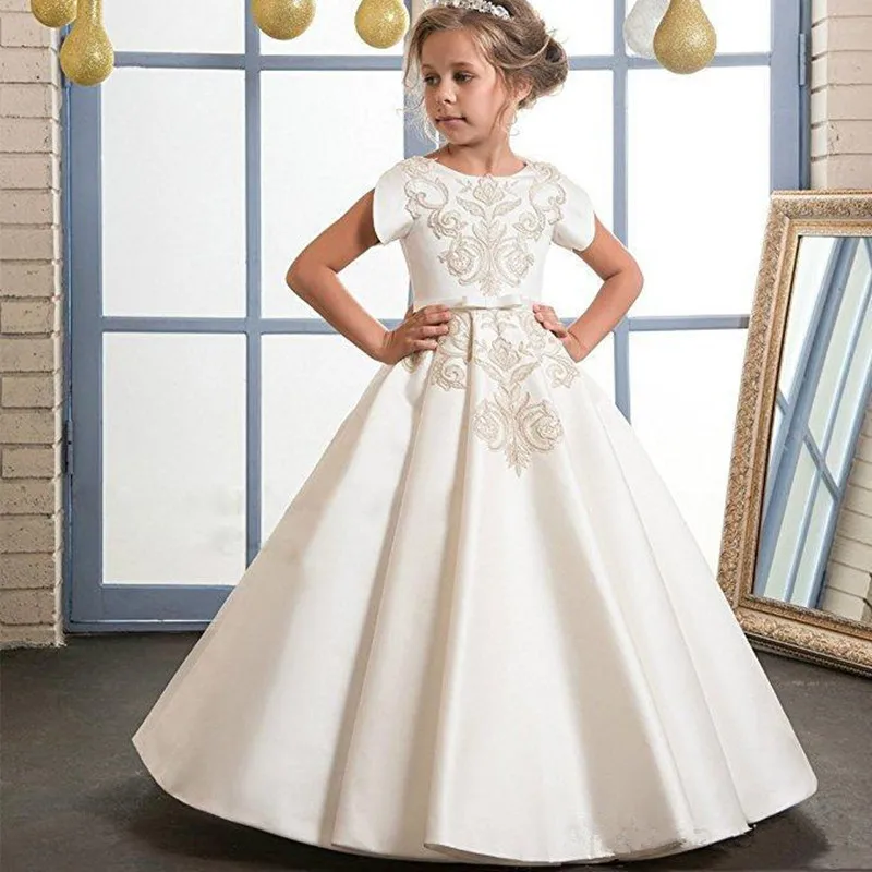 

Formal Beautiful Gold Lace Embroidery Kids Flower Girl Dresses For Wedding O Neckline Elegant First Holy Communion Girls Dresses