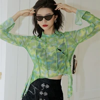 tie dye printing stitching asymmetrical mesh top green long sleeved womens t shirt see through top hollow transparent top