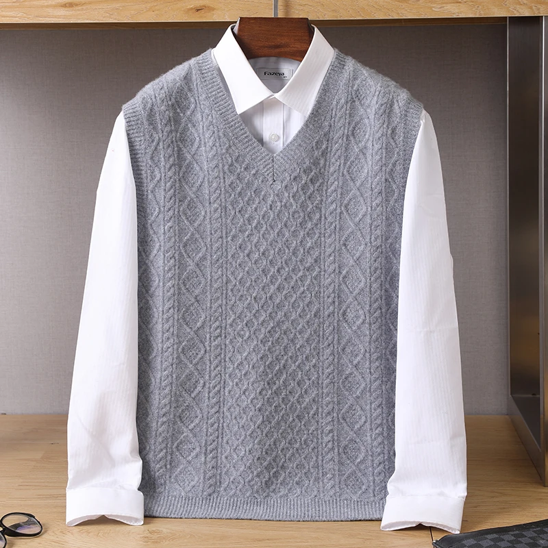 Мужская жилетка из 100% чистой шерсти пуловер без рукавов с V-образным вырезом