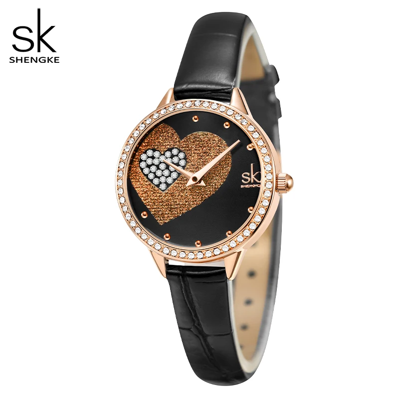 

Роскошные женские часы Shengke 2022, новые черные часы с кожаным ремешком для женщин, циферблат с сердечком, украшение стразы, Точный кварцевый МО...
