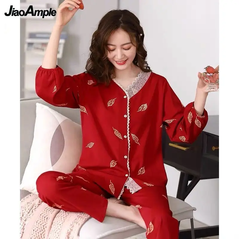 Cotton Pajamas Women's Printed Pijamas Suit Korean Fashion Nightie Loose Home Clothes Female Casual Sleepwear Nightwear Set