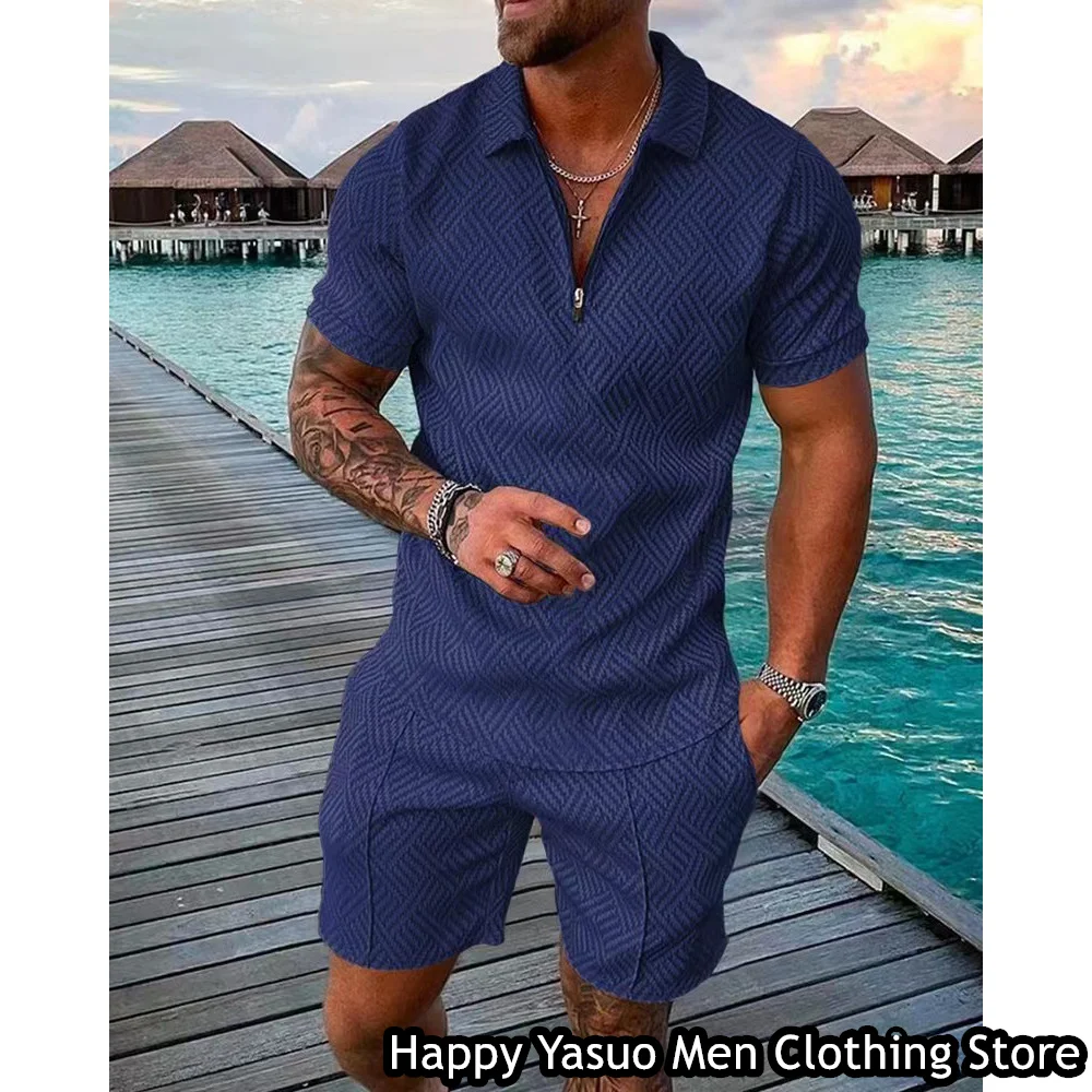 Summer Men Fashion Polo Shirt Set 2 Pieces Casual Tracksuit Solid Color Printing Outfit Male Suit Retro Style Holiday Clothing