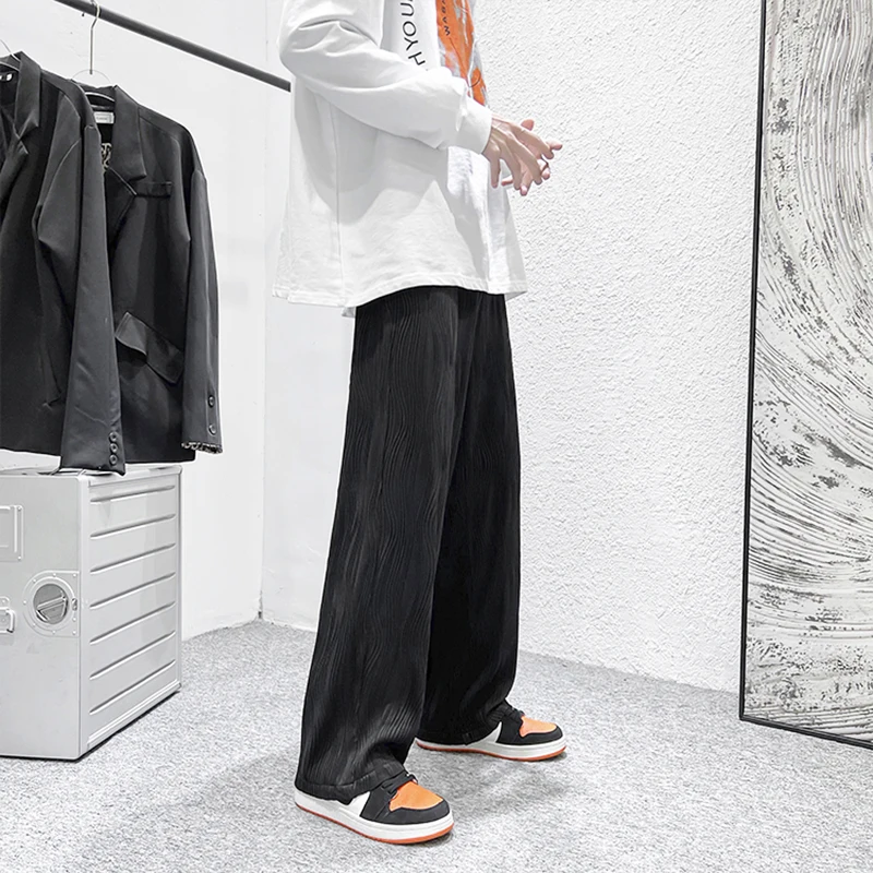 

Spring Summer Pleated Wave Straight Pants Men's Fashion Elastic Waist Casual Pants Men Streetwear Loose Trousers Wide Leg Pants