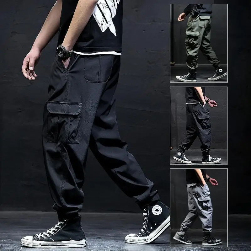 

Cargo Pants Men's Spring Autumn Ice Silk Leisure Pants Korean Style Elasticity Loose Casual Pants Black Grey Long Trousers Y67