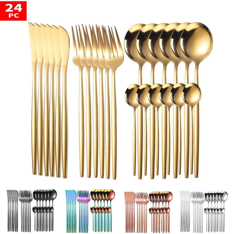 

24PCS Tableware Sets Stainless Steel Cutlery Set Gold Silverware Set Dishes Set 5 Types Forks Knives Spoons with Tea Fork