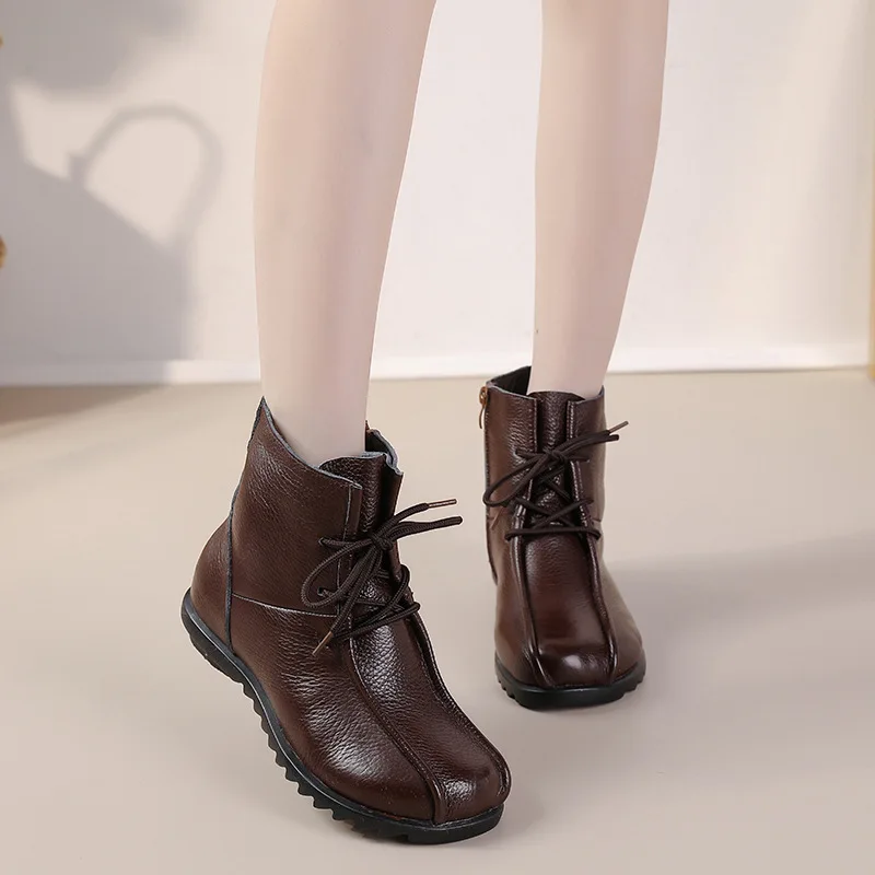 Genuine Leather Boots for Womens Autumn Fashion Rubber Ladies Ankle Booties Winter Female Solid Color High-quality Brown Shoes