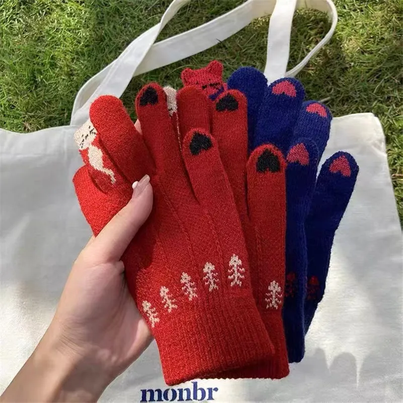 

Winter Screen Gloves Women Warm Stretch Knitted Full Finger Gloves Mittens Imitation Wool Guantes Female Crochet Thicken