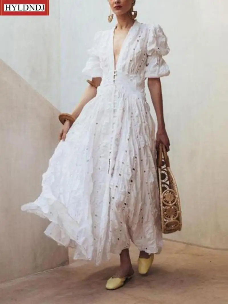 

Женское платье с глубоким V-образным вырезом, кружевное длинное платье в богемном стиле с рукавами-фонариками и ажурной талией, лето 2023