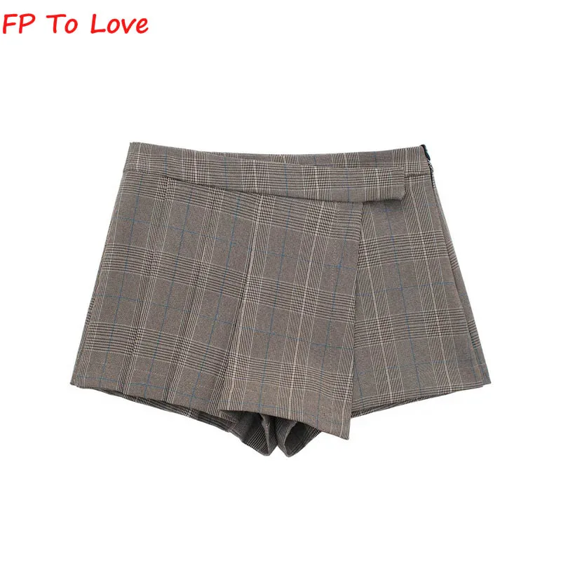 Stylish OOTD Pleated Mini Shorts Skirts Split Checked Blogger Basic Vintage Khaki Streetwear Bottom Woman 4661521