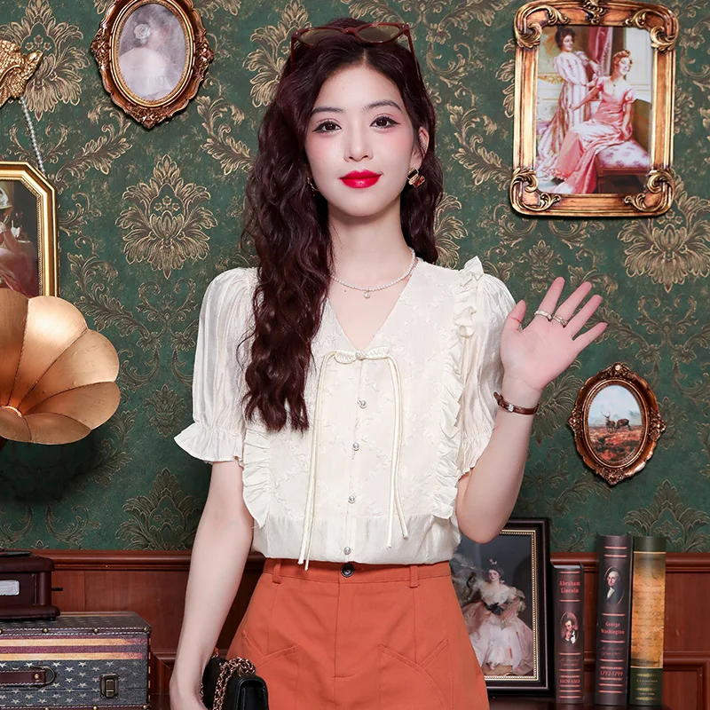 Летняя модная Новая женская блузка с коротким рукавом и V-образным вырезом