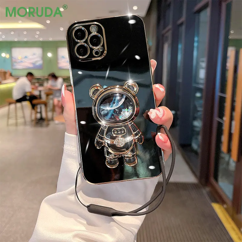 

Quicksand Space Bear Bracket Phone Case for iPhone 14 13 12 11 Pro Max 7 8 14 Plus XR Xs Max Silicone Lanyard Shockproof Cover