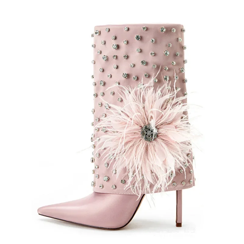 Брюки на шпильке с острым носком и стразами атласные ботинки без шнуровки до