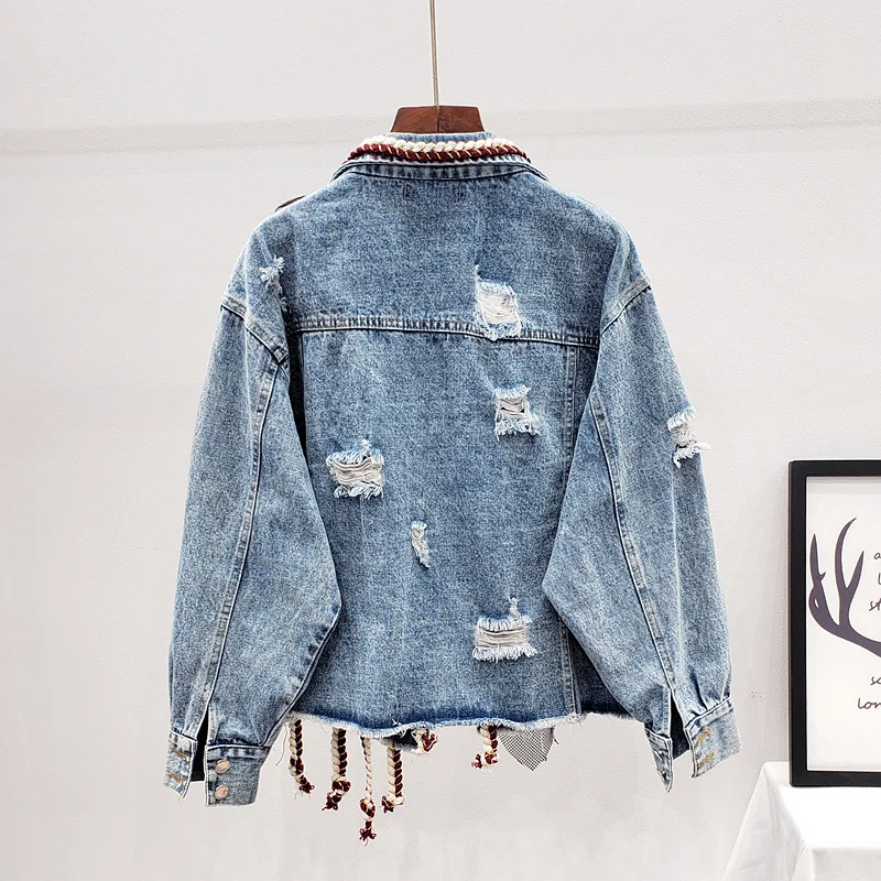

Autumn Spring Streetwear Patchwork Print Frayed Diamonds Denim Jacket Women Mesh Lace Up Short Casual Jean Coat Female Outerwear