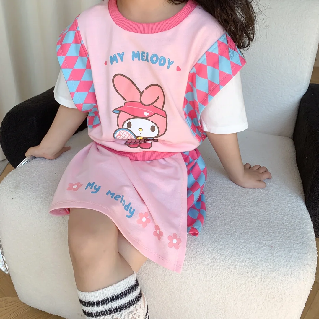 

Cartoon Sanrios My Melody Cute Girl Sweet T-shirt Pantskirt Kawaii Printed Short Sleeved Top Short Skirt Two Piece Set Kids Gift