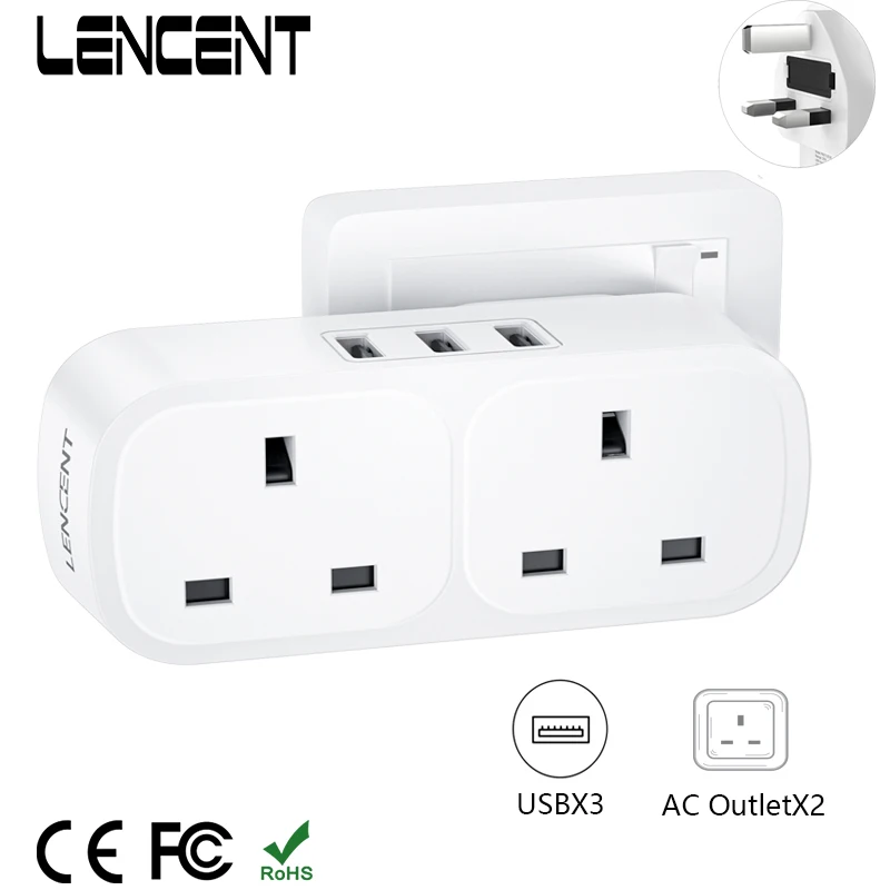 

LENCENT Wall Socket Extender with 2AC Outlets 3 USB Ports 5V 2.4A 5-in-1 USB Outlet Plug Extender for Home/Office 13A 3250W