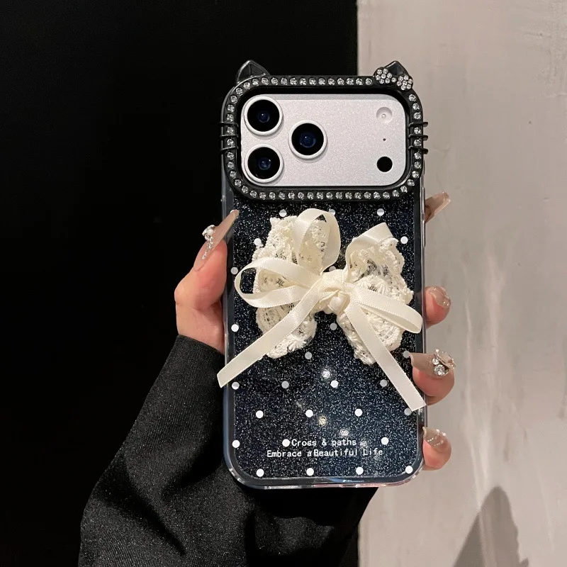 Фото Чехол для телефона «три в одном» с кружевным бантом, подходящий для iPhone17promax 16/15/14/13promax, защитный чехол №1
