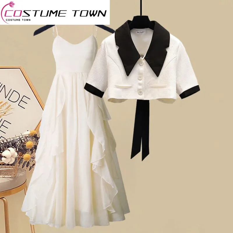 Summer Set for Women 2023 New Style Wear with Age Reducing Short Sleeve Top for Slim and Versatile Strap Dress Two Piece Set