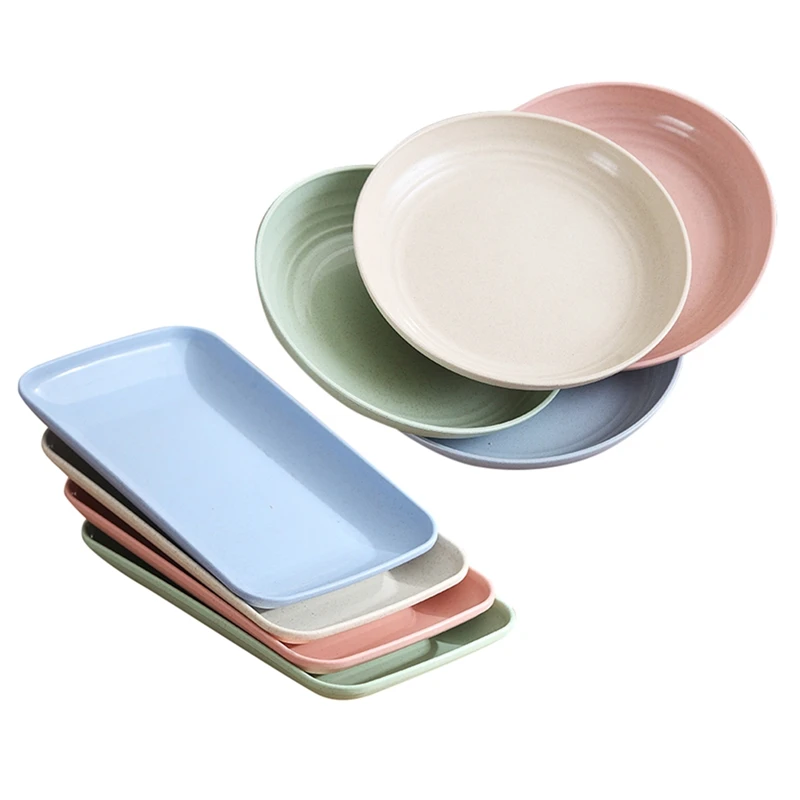 

8PCS Wheat Straw Plate Set Dishes Lightweight Unbreakable Dinner Plates Dessert Home Picnic Salad