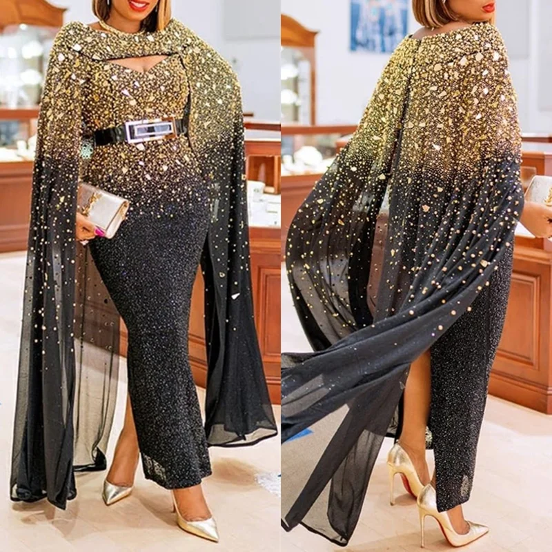 

African Fashion Style Pencil Dress Diamond Inlay Round Collar Thin Material Chiffon Female Long Skirt