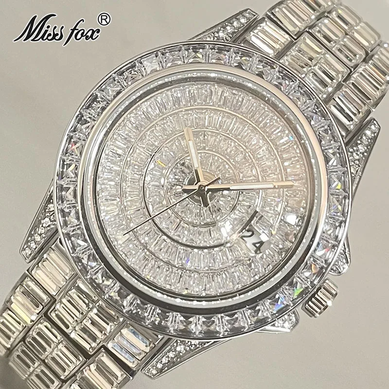 Fashion Brand MISSFOX Men Watches Silver Automatic Date Full Baguette Diamond Design Male Clock Luminous Waterproof AAA Reloj