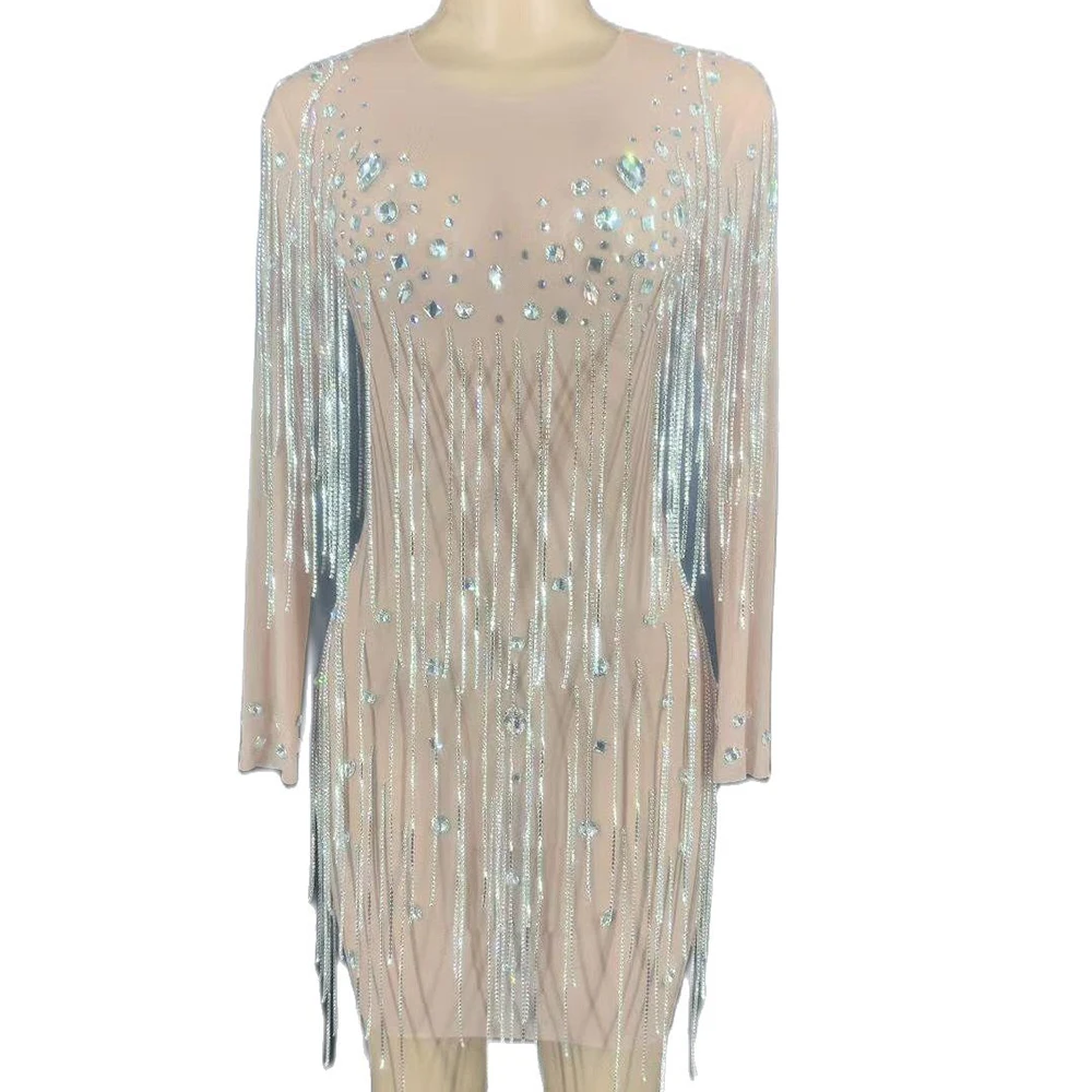 

Gauze Mesh Perspective Fringed Rhinestones Dress Sparkly Clothing For Women Long Sleeve Nightclub Dance Show Performance Suit