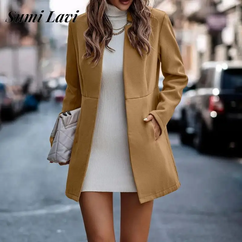 

Spring Autumn Female Coat Fashion Stand Collar Loose Sleeve Solid Pocket Cardigan 2022 Casual Short Slim fit Woolen Women's Coat