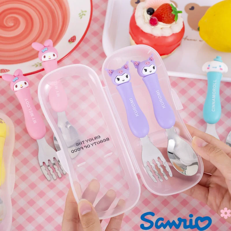 

Sanrio Hello Kitty Cinnamoroll Cute Kids Baby Tableware Anime Kuromi My Melody Portable Cartoon Stainless Steel Spoon Fork Set
