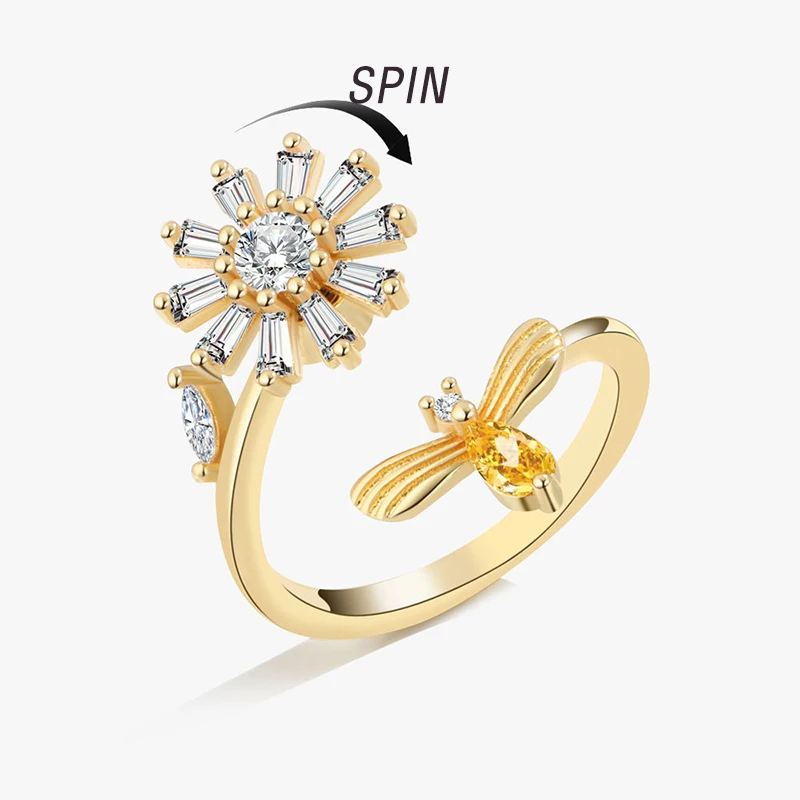

Spinner Daisy Bee Rings for Women Men Creative Sunflower Anxiety Ring Zircon Rotatable Fidget Ringe Jewelry for Teens Party Gift