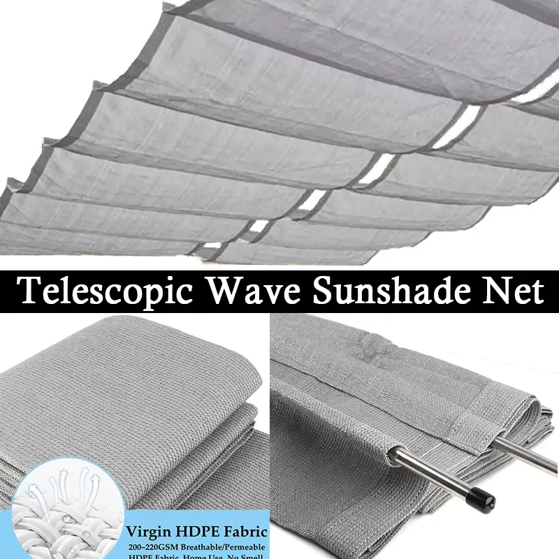 

Gray Telescopic Wave Sunshade Net HDPE Fabric Awning Pergola Balcony Terrace Sun Canopy Swimming Pool Retractable Sun Shade Sail