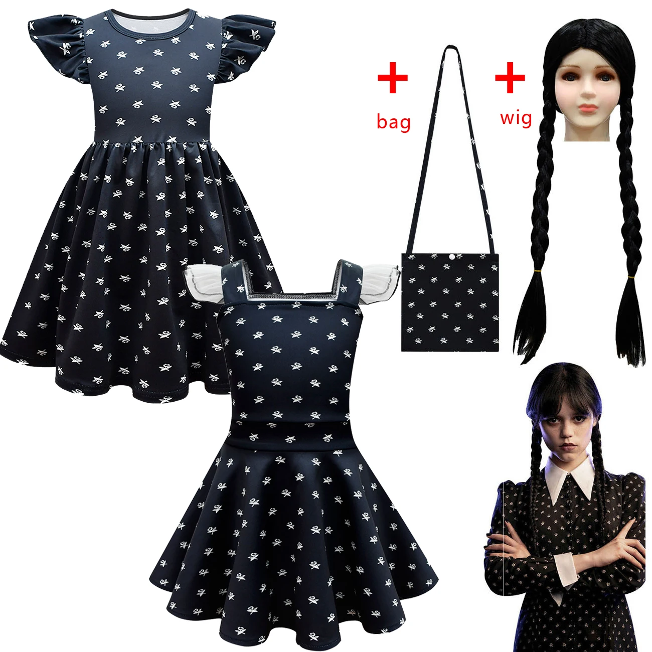 

Kids Carnival Halloween Costume Fright Wednesday Princess Dress Cosplay Girls Clothing the Adams Family dress+Bag Fancy Outfit