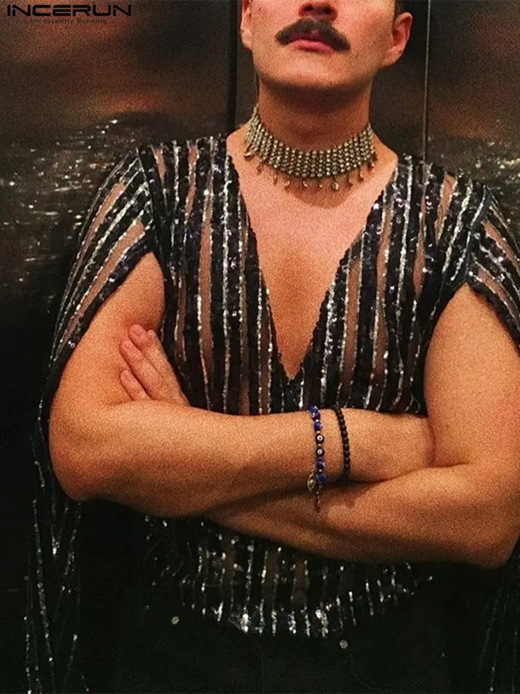 

Модная мужская полосатая футболка, прозрачные ажурные футболки с V-образным вырезом и длинным рукавом, 2022, уличная одежда, пикантные повседн...