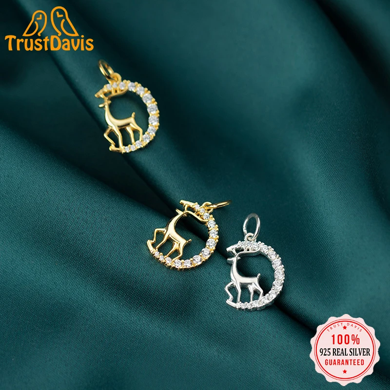 

TrustDavis Real 925 Sterling Silver Personality Fashion Sweet Moon Deer CZ Charm Pendant Handmade DIY Accessories Jewelry H0010