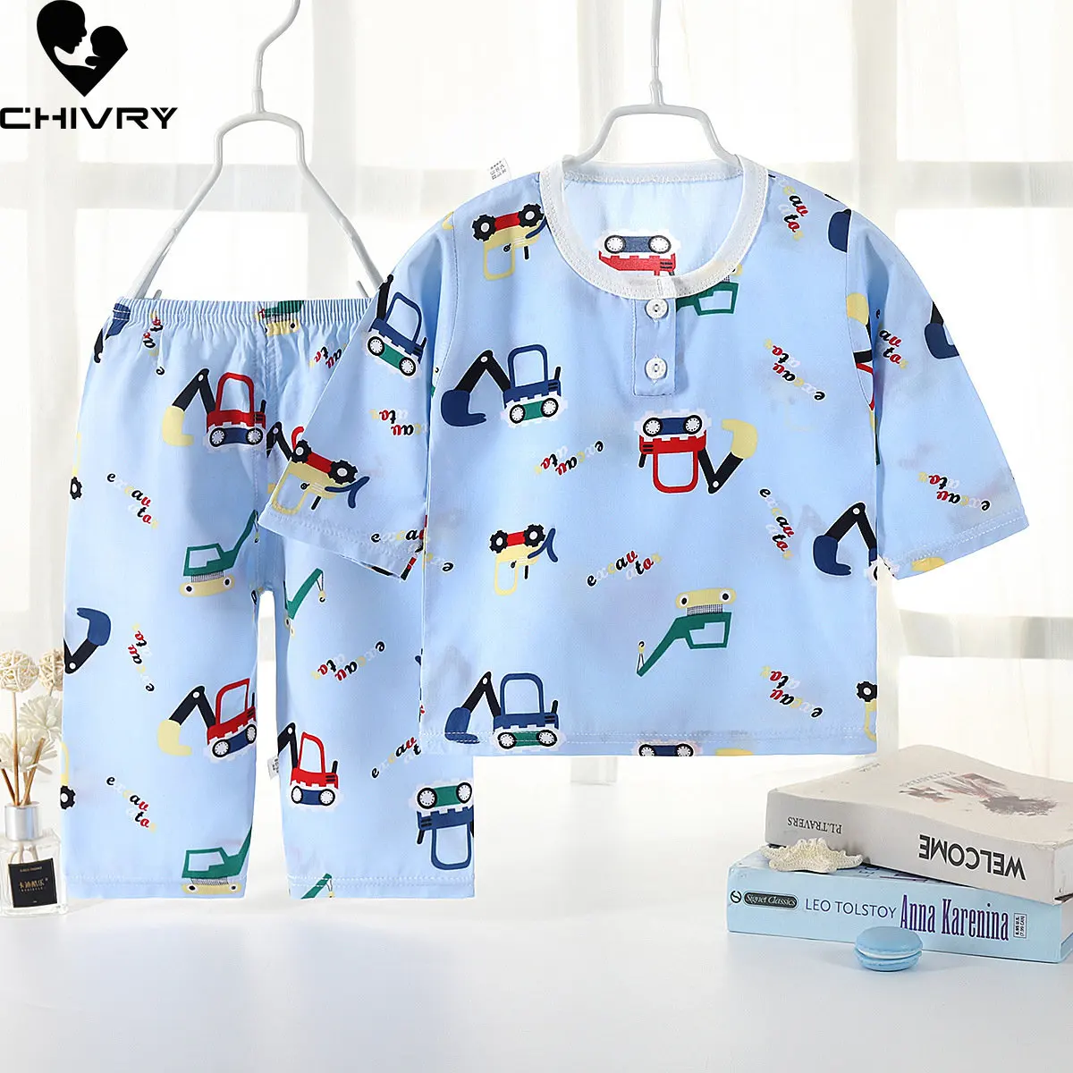 

Kids Summer Thin Pajamas Sets New 2023 Boys Girls Cute Cartoon Three-quarter Sleeve O-neck T-shirt Tops with Pants Baby Homewear