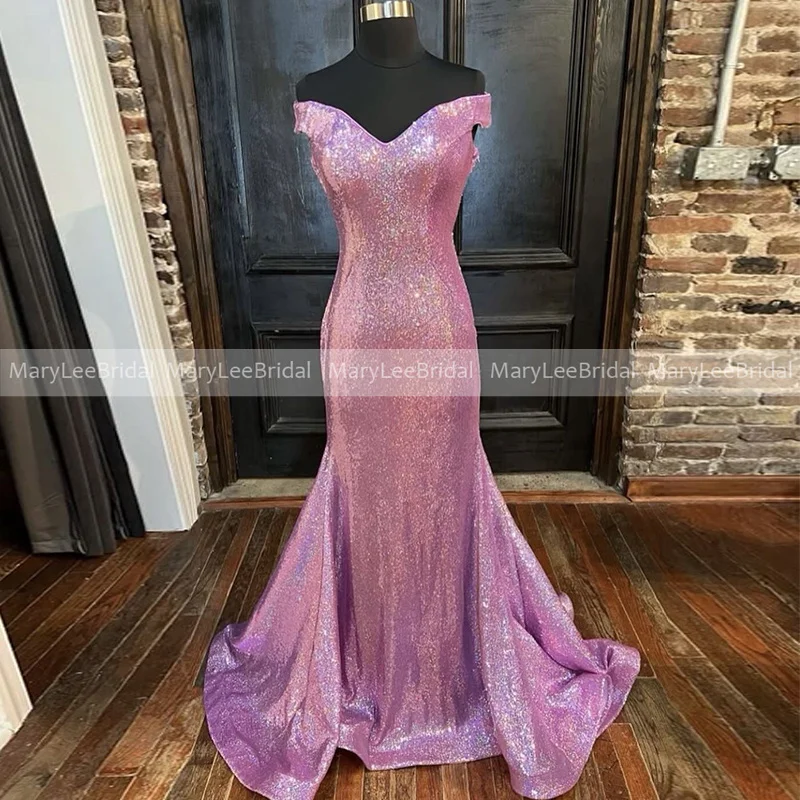 

Розовые блестящие вечерние платья-русалки с открытыми плечами и V-образным вырезом, платье для выпускного вечера, вечерние платья с блестками, перекрещивающимися блестками и вырезом на спине